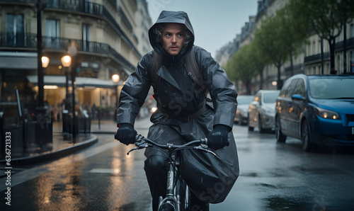 cycliste qui va au travail sous la pluie dans une grande ville européenne  photo