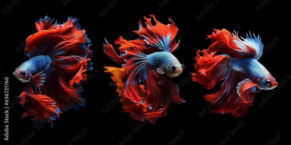 Obraz premium betta fish, fish fighters, ios background style, siamese fish fighting isolated on black background, betta splendens isolated beautiful tail, 