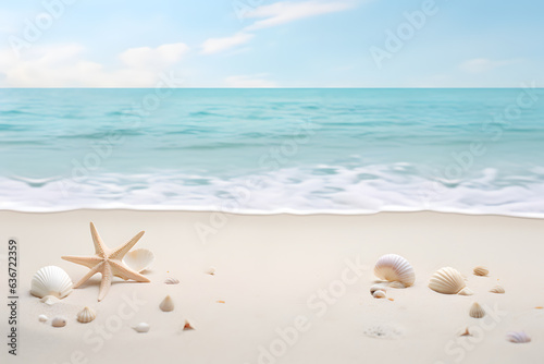 A peaceful beach scene with gentle waves and seashells © AGSTRONAUT