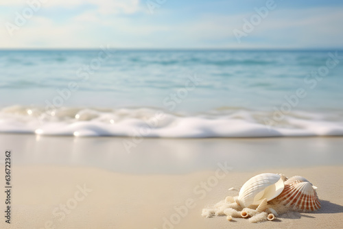 A peaceful beach scene with gentle waves and seashells