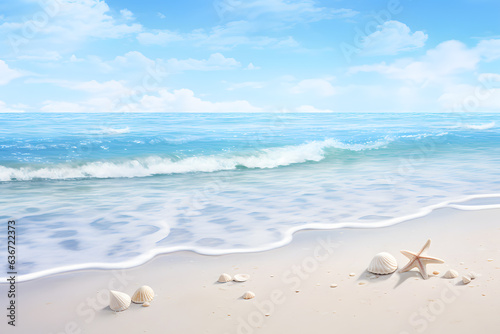 A peaceful beach scene with gentle waves and seashells