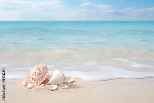 A peaceful beach scene with gentle waves and seashells