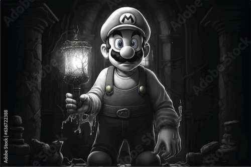 Art & Illustration,create a black and white luigui to color in the cap has to go a l Luigi is exploring the haunted mansion with a flashlight,Generate Aİ photo