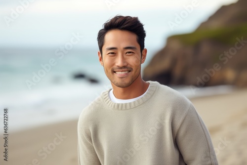 Medium shot portrait of a Chinese man in his 30s in a beach background wearing a cozy sweater