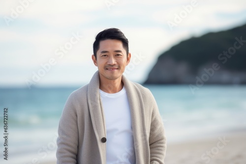 Medium shot portrait of a Chinese man in his 30s in a beach background wearing a chic cardigan