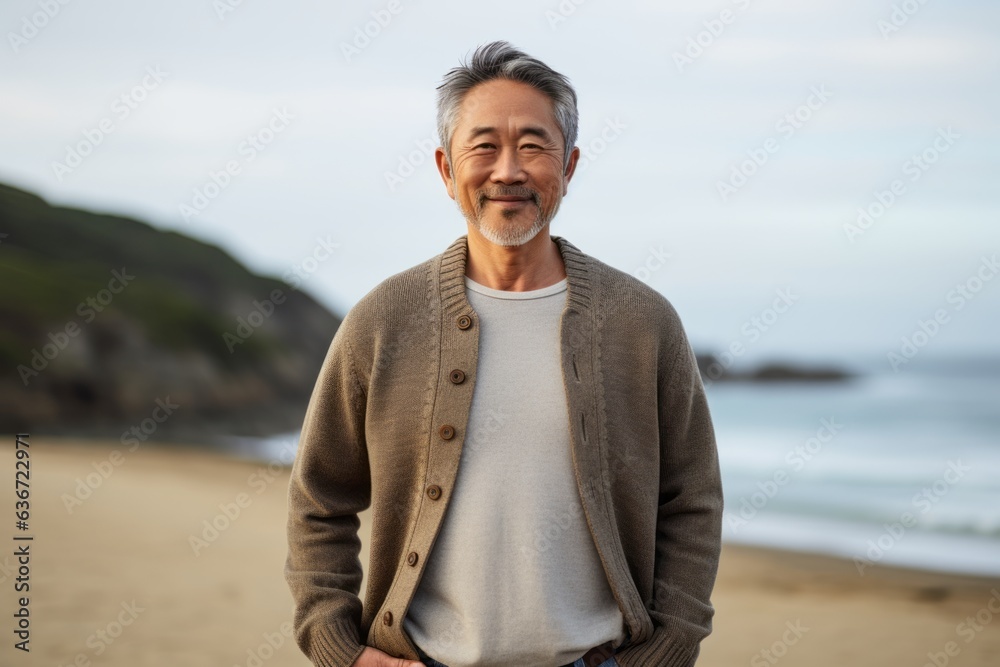 Lifestyle portrait of a Chinese man in his 50s in a beach background wearing a chic cardigan Lifestyle portrait of a Chinese man in his 50s in a beach background wearing a chic cardigan