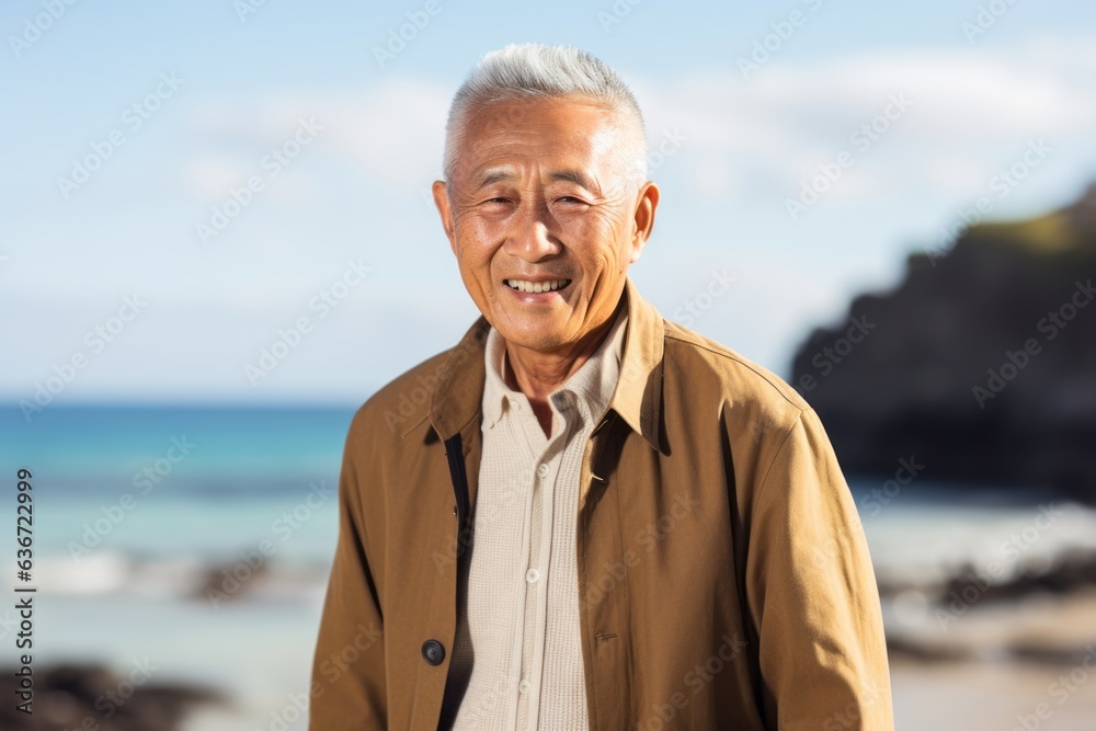 Group portrait of a Chinese man in his 90s in a beach background wearing a chic cardigan