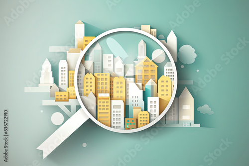 Magnifying glass with city elements inside, vector illustration in paper art style.AI generated