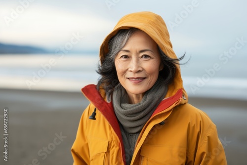 Medium shot portrait of a Chinese woman in her 50s in a beach background wearing a warm parka © Leon Waltz