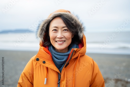 Medium shot portrait of a Chinese woman in her 50s in a beach background wearing a warm parka © Leon Waltz