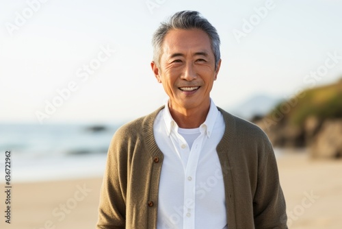 Medium shot portrait of a Chinese man in his 50s in a beach background wearing a chic cardigan