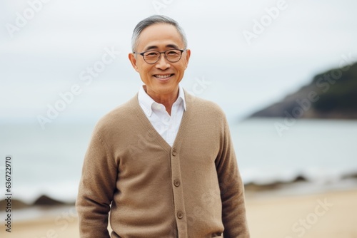 Lifestyle portrait of a Chinese man in his 50s in a beach background wearing a chic cardigan