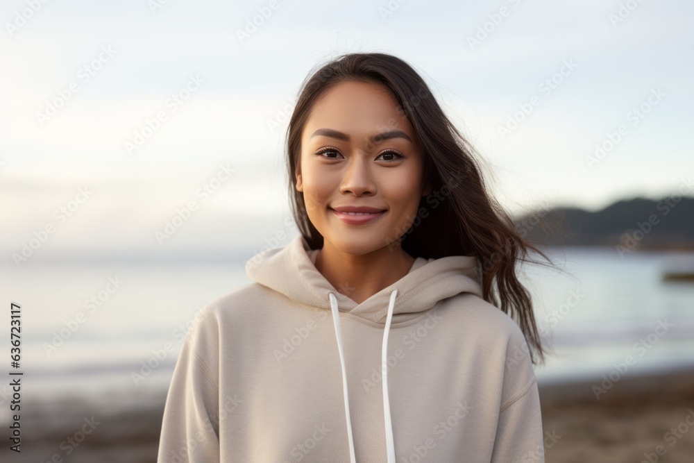 Lifestyle portrait of a Indonesian woman in her 30s in a beach background wearing a cozy sweater Lifestyle portrait of a Indonesian woman in her 30s in a beach background wearing a cozy sweater