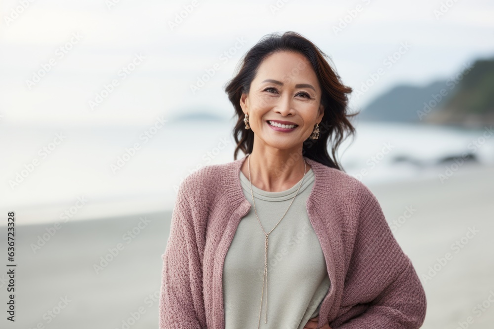 Group portrait of a Indonesian woman in her 40s in a beach background wearing a chic cardigan Group portrait of a Indonesian woman in her 40s in a beach background wearing a chic cardigan