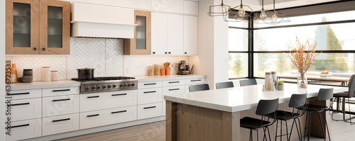 Spacious modern kitchen interior in white with wood trim and kitchen island  Generative AI