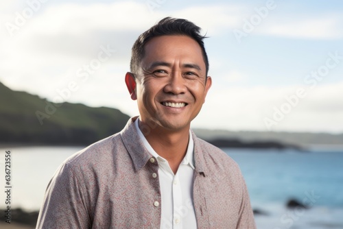 Group portrait of a Indonesian man in his 40s in a beach background wearing a chic cardigan