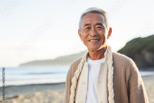 Group portrait of a Indonesian man in his 60s in a beach background wearing a chic cardigan
