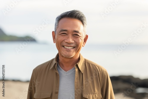Group portrait of a Indonesian man in his 60s in a beach background wearing a chic cardigan