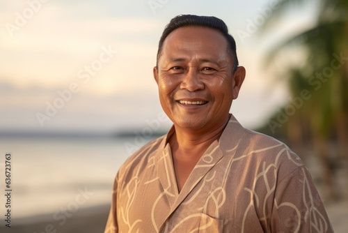 Medium shot portrait of a Indonesian man in his 60s in a beach background wearing a simple tunic