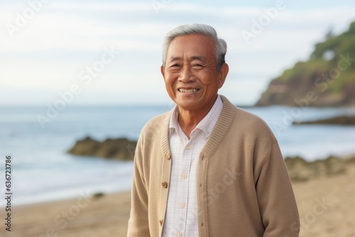 Lifestyle portrait of a Indonesian man in his 80s in a beach background wearing a chic cardigan © Leon Waltz