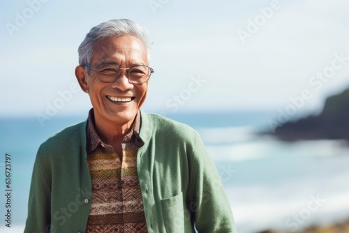 Medium shot portrait of a Indonesian man in his 70s in a beach background wearing a chic cardigan