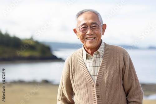 Lifestyle portrait of a Indonesian man in his 80s in a beach background wearing a chic cardigan