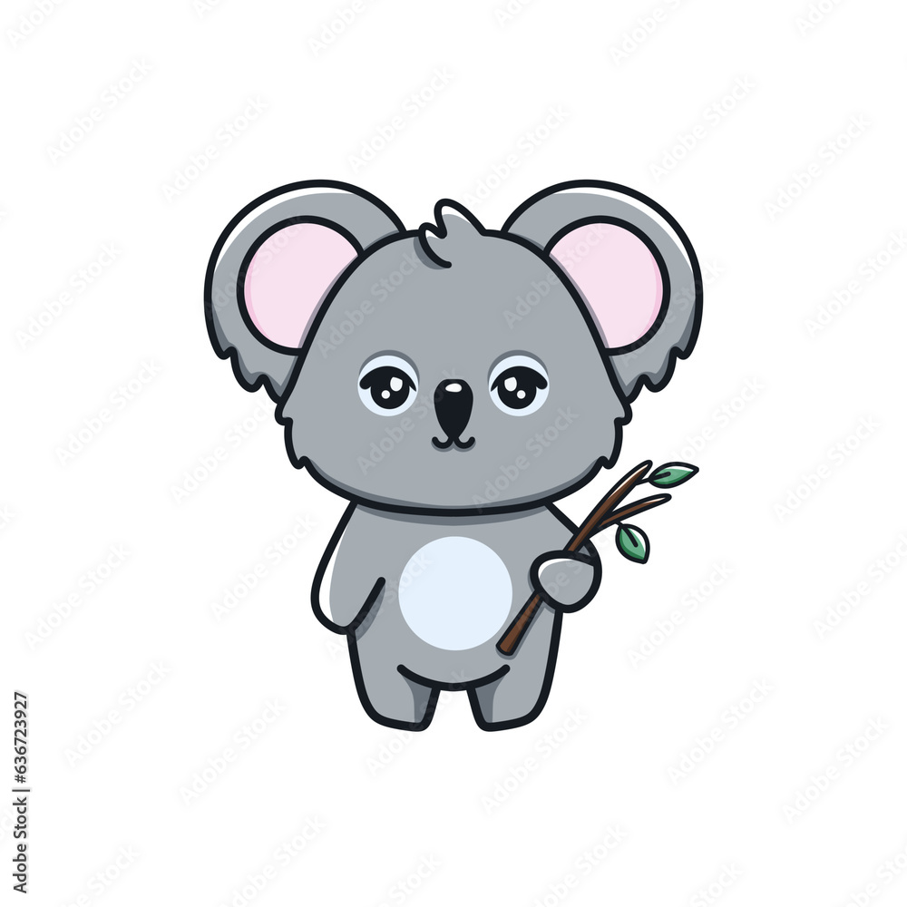 A cute gray koala holding a sprig of eucalyptus and smiling A cute gray koala holding a sprig of eucalyptus and smiling