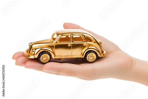 Hand holding a simple car made of gold isolated on white background PNG