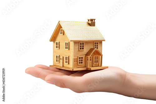 Hand holding a simple house made of gold isolated on white background PNG