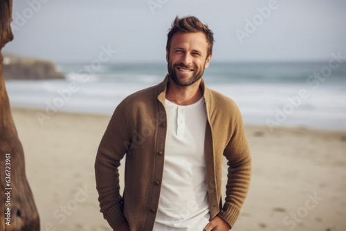 Lifestyle portrait of a Russian man in his 30s in a beach background wearing a chic cardigan © Leon Waltz