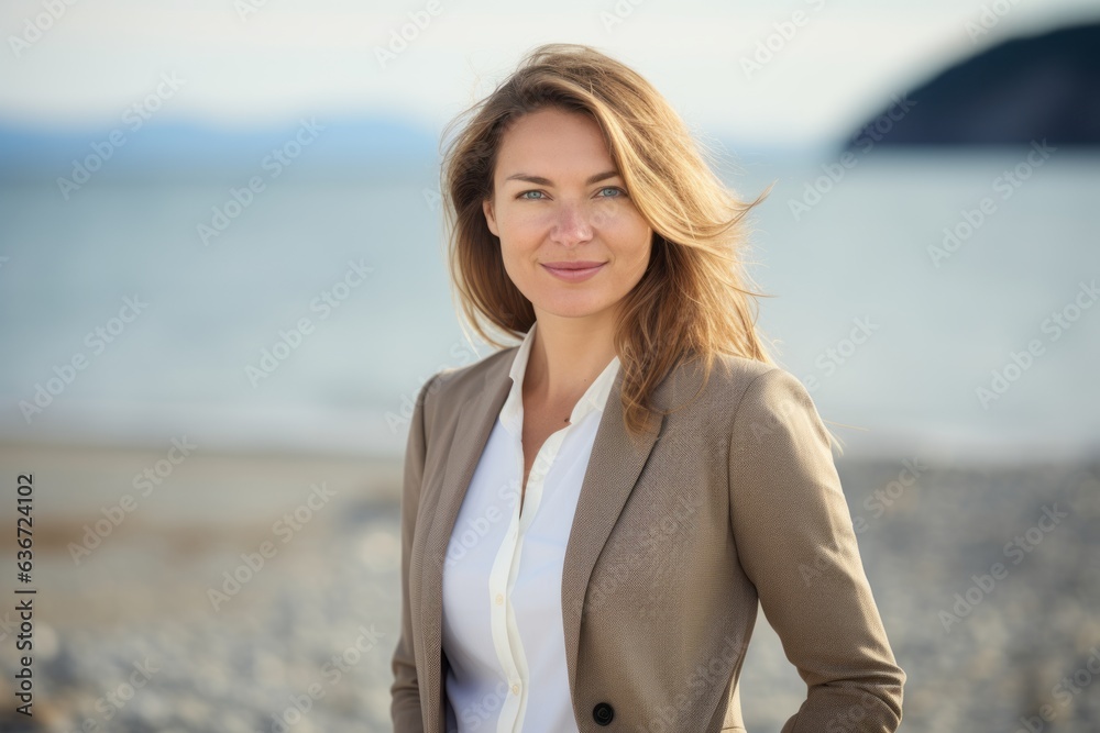 Lifestyle portrait of a Russian woman in her 40s in a beach background wearing a classic blazer Lifestyle portrait of a Russian woman in her 40s in a beach background wearing a classic blazer