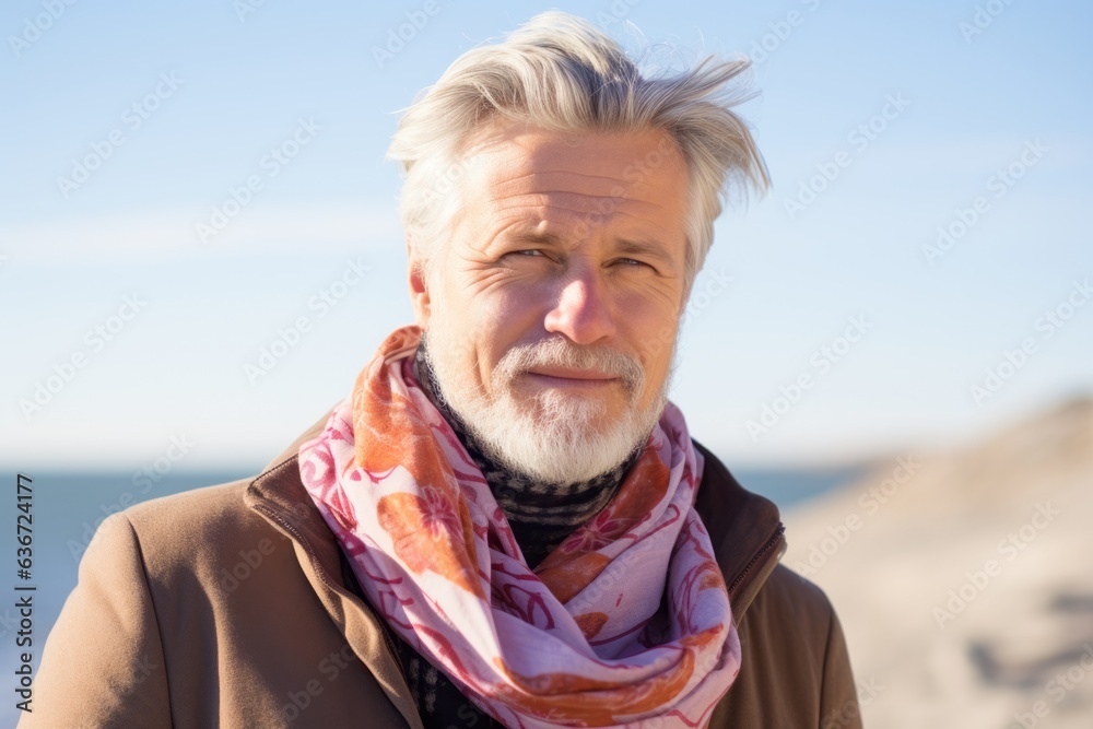 Lifestyle portrait of a Russian man in his 50s in a beach background wearing a foulard Lifestyle portrait of a Russian man in his 50s in a beach background wearing a foulard