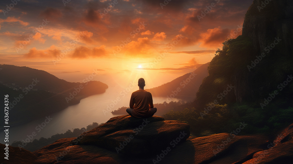 yoga and meditation over looking the ocean at sunset - obrazy, fototapety, plakaty 