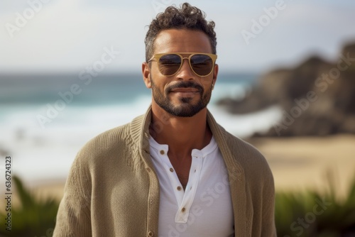 Lifestyle portrait of a Brazilian man in his 30s in a beach background wearing a chic cardigan
