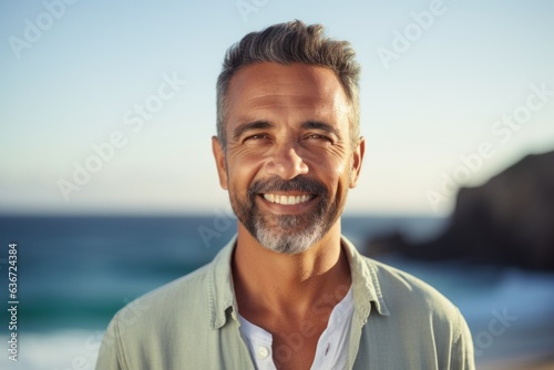Medium shot portrait of a Brazilian man in his 40s in a beach background wearing a chic cardigan