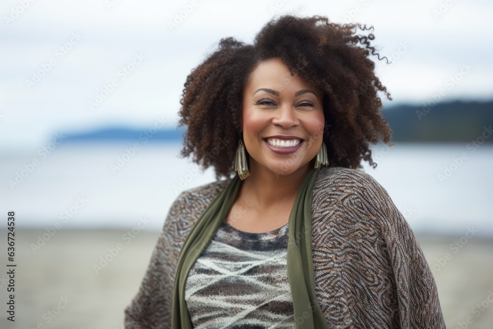Group portrait of a Nigerian woman in her 30s in a beach background wearing a chic cardigan