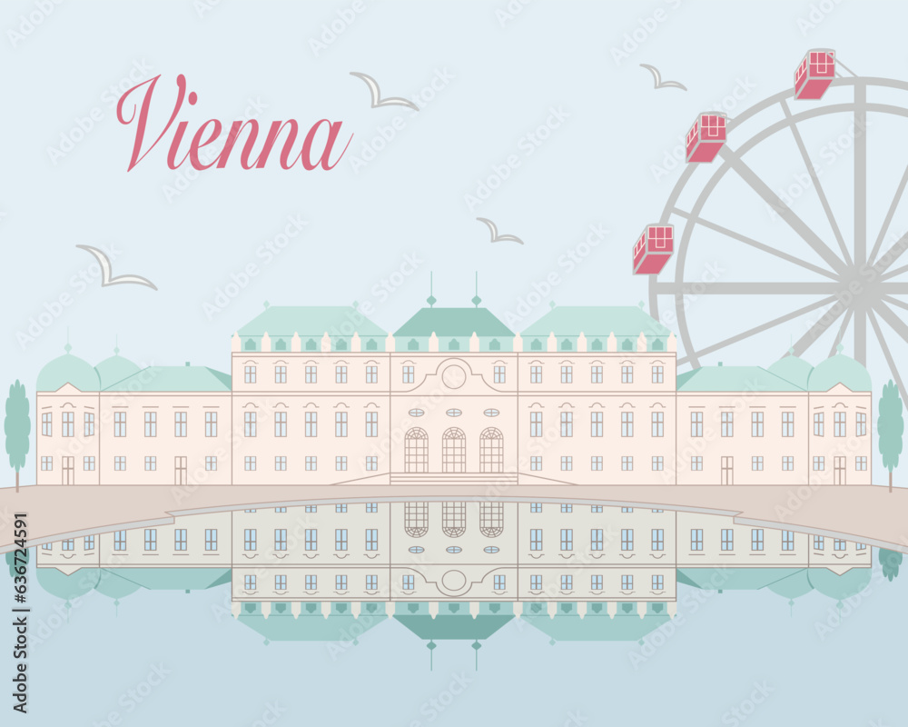 Vienna, Austria. Wien cityscape with Belvedere palace and famous Ferris wheel at the Prater amusement park. Travel and tourism concept. Hand drawn, vector eps.