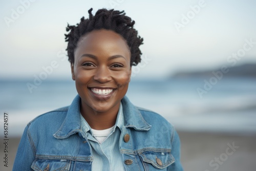 Medium shot portrait of a Nigerian woman in her 30s in a beach background wearing a denim jacket
