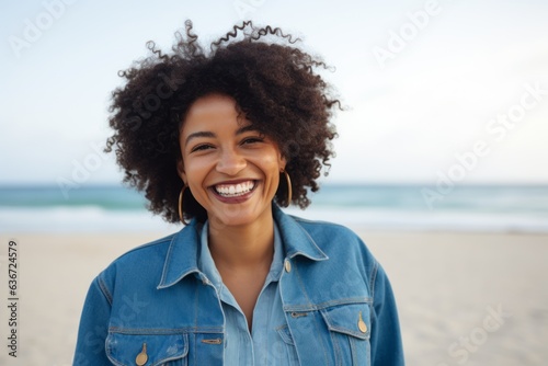 Medium shot portrait of a Nigerian woman in her 30s in a beach background wearing a denim jacket