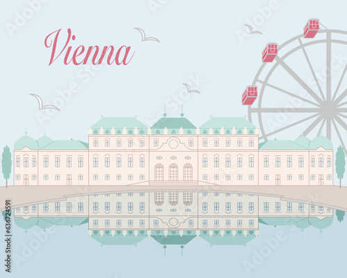 Vienna, Austria. Wien cityscape with Belvedere palace and famous Ferris wheel at the Prater amusement park. Travel and tourism concept. Hand drawn, vector eps. photo