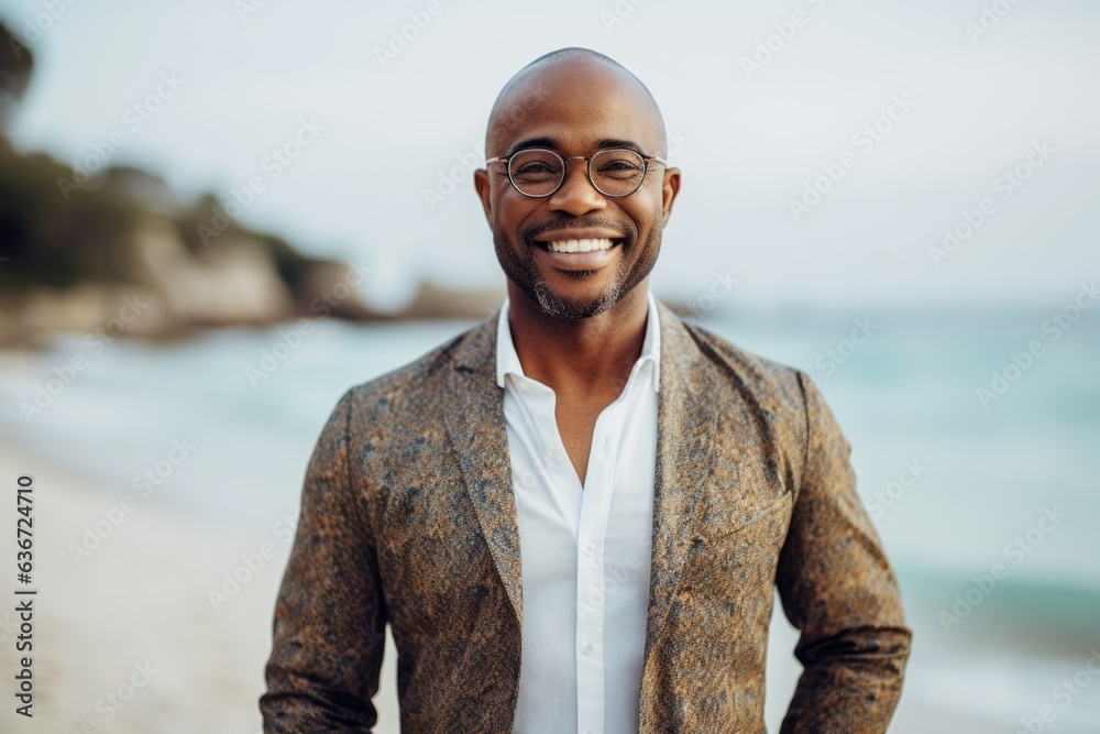 Lifestyle portrait of a Nigerian man in his 40s in a beach background wearing a chic cardigan Lifestyle portrait of a Nigerian man in his 40s in a beach background wearing a chic cardigan
