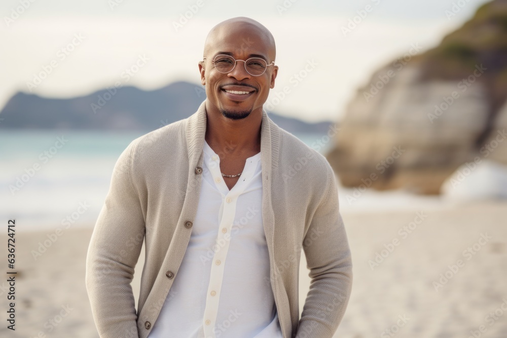 Lifestyle portrait of a Nigerian man in his 40s in a beach background wearing a chic cardigan Lifestyle portrait of a Nigerian man in his 40s in a beach background wearing a chic cardigan