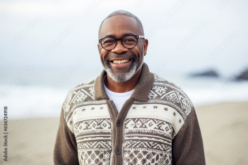 Lifestyle portrait of a Nigerian man in his 50s in a beach background wearing a chic cardigan Lifestyle portrait of a Nigerian man in his 50s in a beach background wearing a chic cardigan
