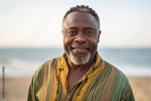 Medium shot portrait of a Nigerian man in his 50s in a beach background wearing a chic cardigan