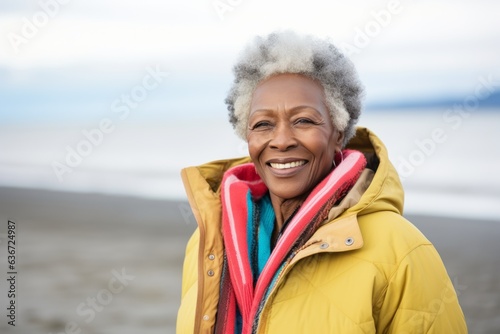 Lifestyle portrait of a Nigerian woman in her 90s in a beach background wearing a warm parka