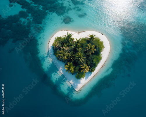 Heart shaped tropical island, a paradise with amazing palm trees on a white sand beach