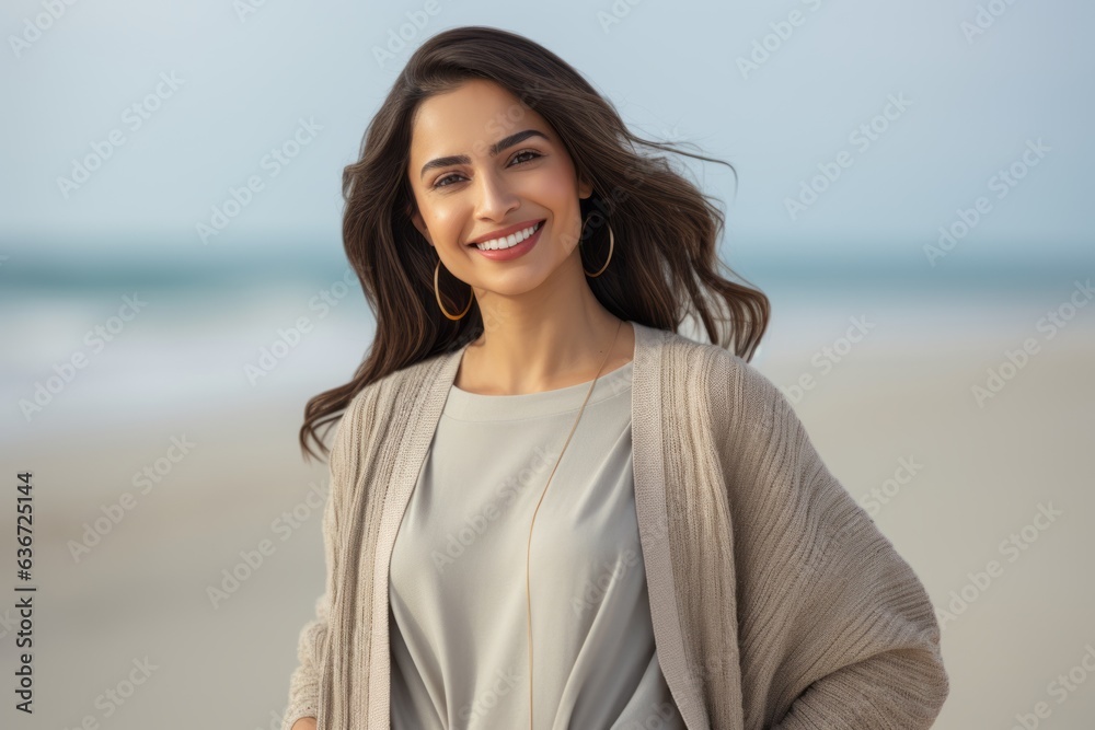 Group portrait of a Saudi Arabian woman in her 20s in a beach background wearing a chic cardigan Group portrait of a Saudi Arabian woman in her 20s in a beach background wearing a chic cardigan