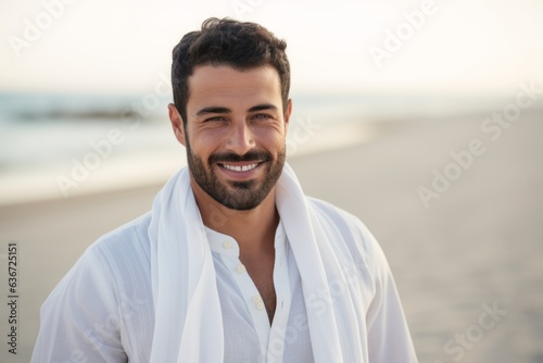 Close-up portrait of a Saudi Arabian man in his 30s in a beach background wearing a chic cardigan
