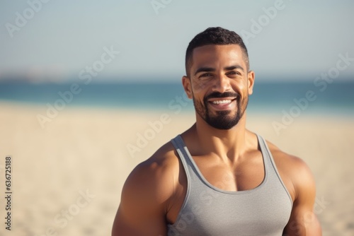 Portrait of a smiling sporty man at the beach on a sunny day