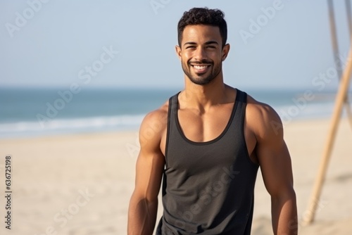 Portrait of a smiling young man standing on beach and looking at camera